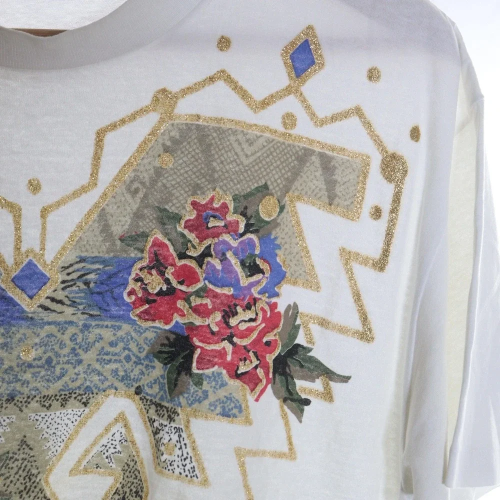 Vintage T Shirt Top‎ Women White Floral Glitter Cotton Single Stitch 90s Large